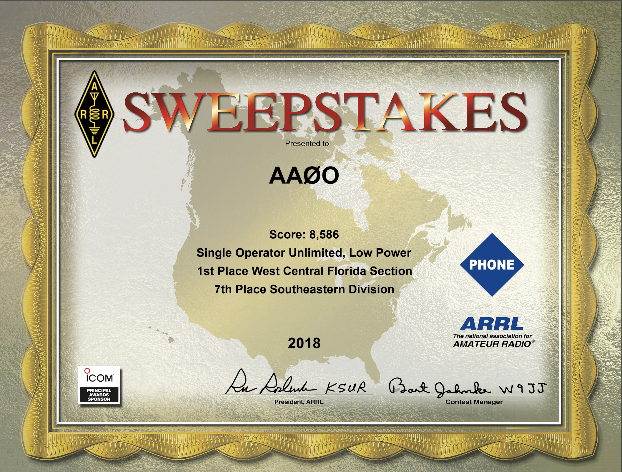 AAØO 1st Place in the West Central Florida section for the ARRL Sweepstakes 2018