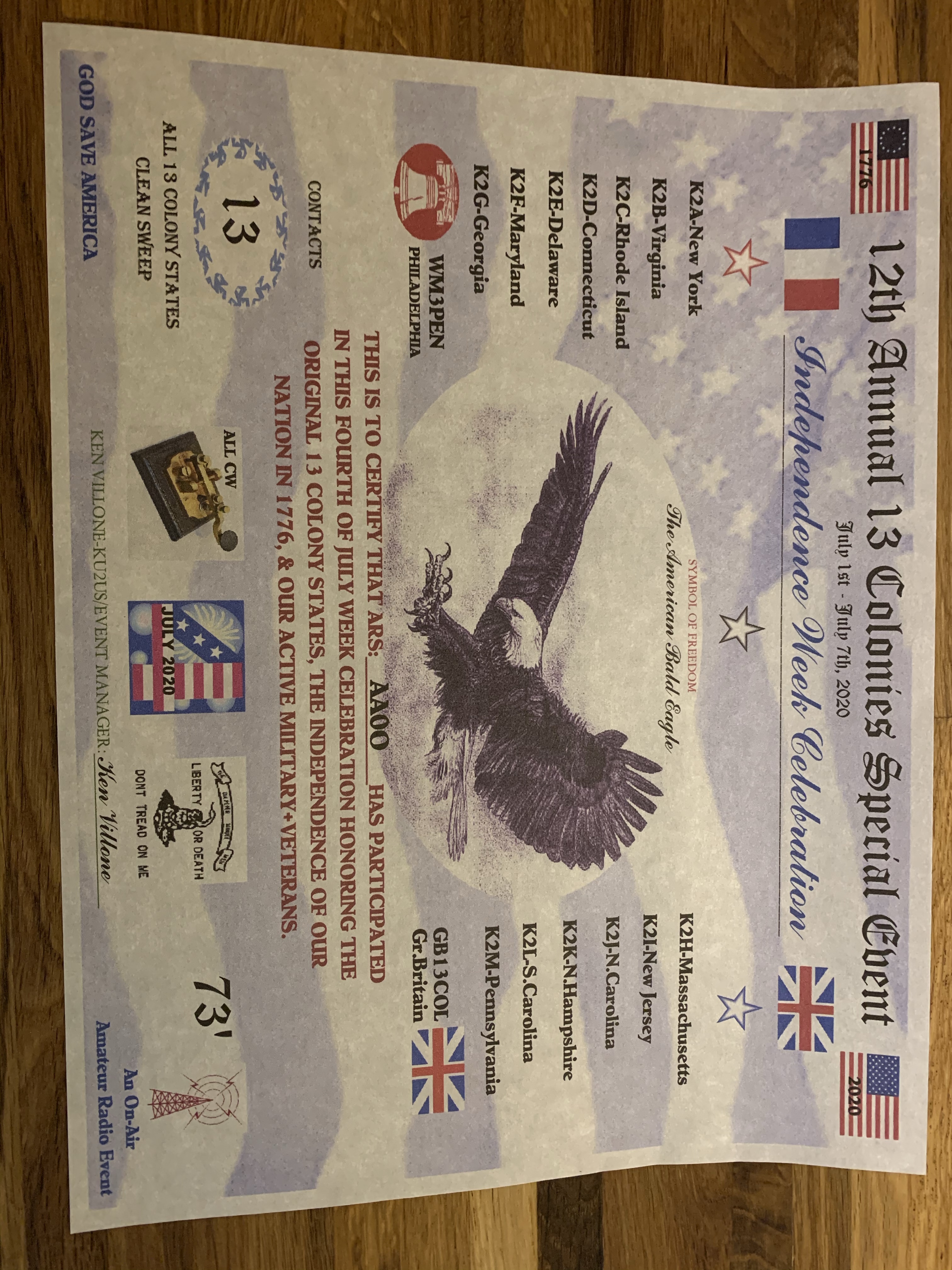 13 Colonies event 2020, All CW